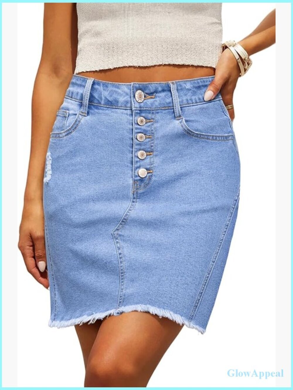 Stretchy Ripped Frayed Button Fly Denim Skirt High Rise Bodycon Mini